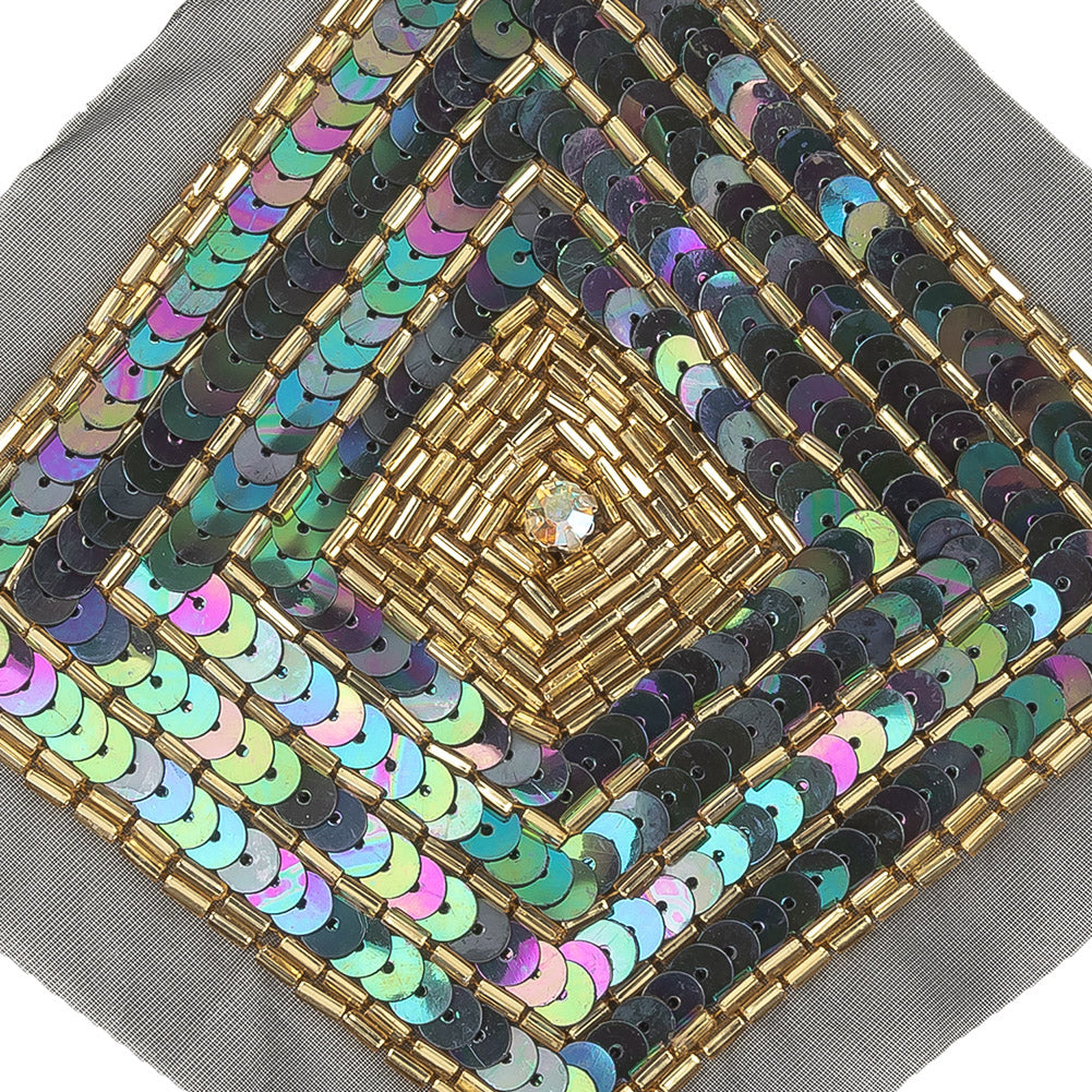 Vintage Black Iris, Multicolored and Gold Beaded and Sequins Diamond Applique - 5.25