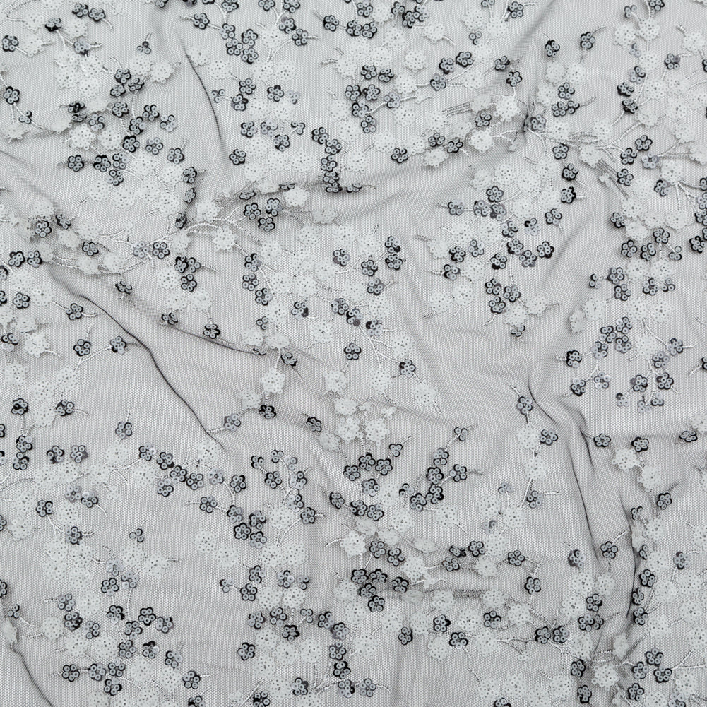 Stretch Net with Sequins - White Fancy Floral Clusters on Black - Joann Fabrics