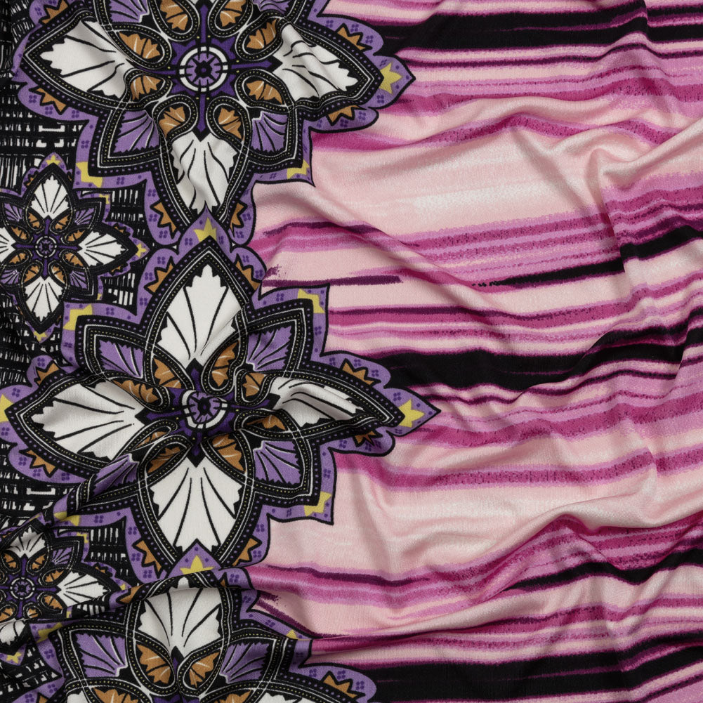 Rose Violet, Lilac and Black Onyx Stained Glass Flowers and Painterly Stripes Silk Jersey - Joann Fabrics
