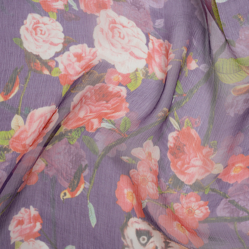 Crinkled Silk Chiffon Print - Purple, Pink and Beige Florals with Owls, Squirrels and Rabbits - Deadstock - Joann Fabrics