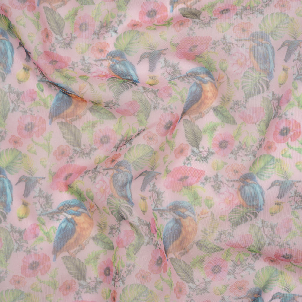 Polyester and Viscose Organza - Pink, Blue and Green Tropical Leaves, Birds and Flowers - Joann Fabrics