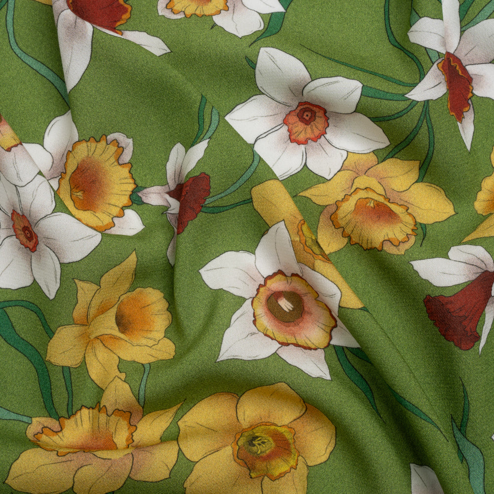 Viscose Crepe Print - Green, Yellow and Red Floral - Mood Exclusive Dizzy about Daffodils - Joann Fabrics