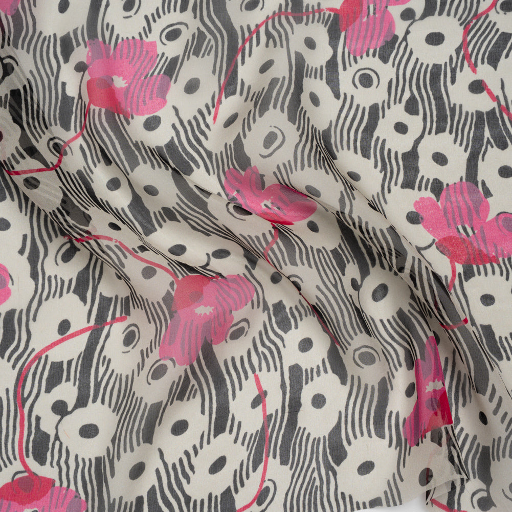 Silk Voile Print - Pink, White and Black Flowers and Stripes - Deadstock - Joann Fabrics