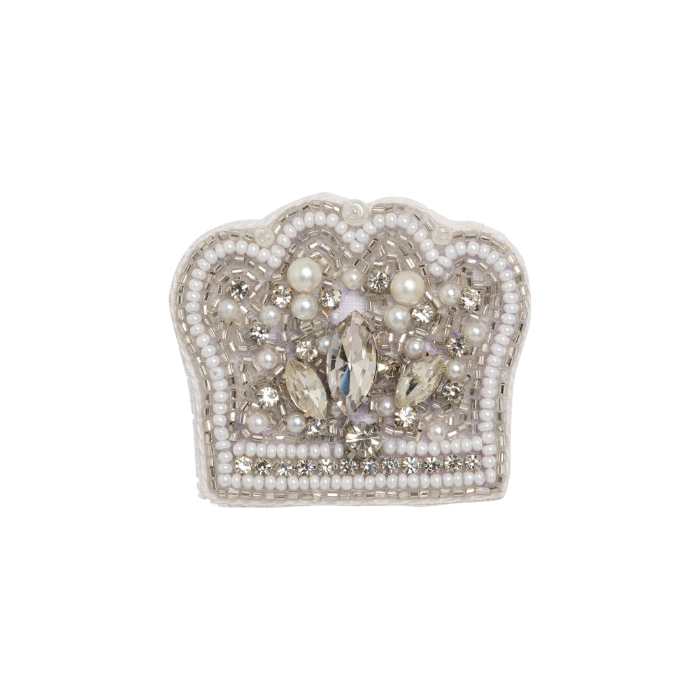 White and Silver Pearled Crown Rhinestone and Glass Beaded Applique - 1.625