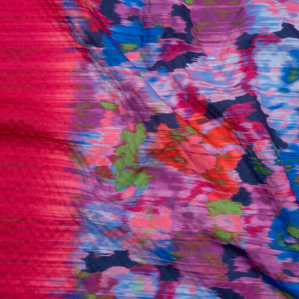 Stretch Polyester Seersucker - Bright Pink, Purple and Blue Ikat Floral - Designer Deadstock - Joann Fabrics