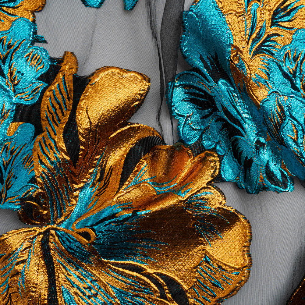 Metallic Teal, Orange and Black Fantastic Flowers Luxury Burnout Brocade - Joann Fabrics