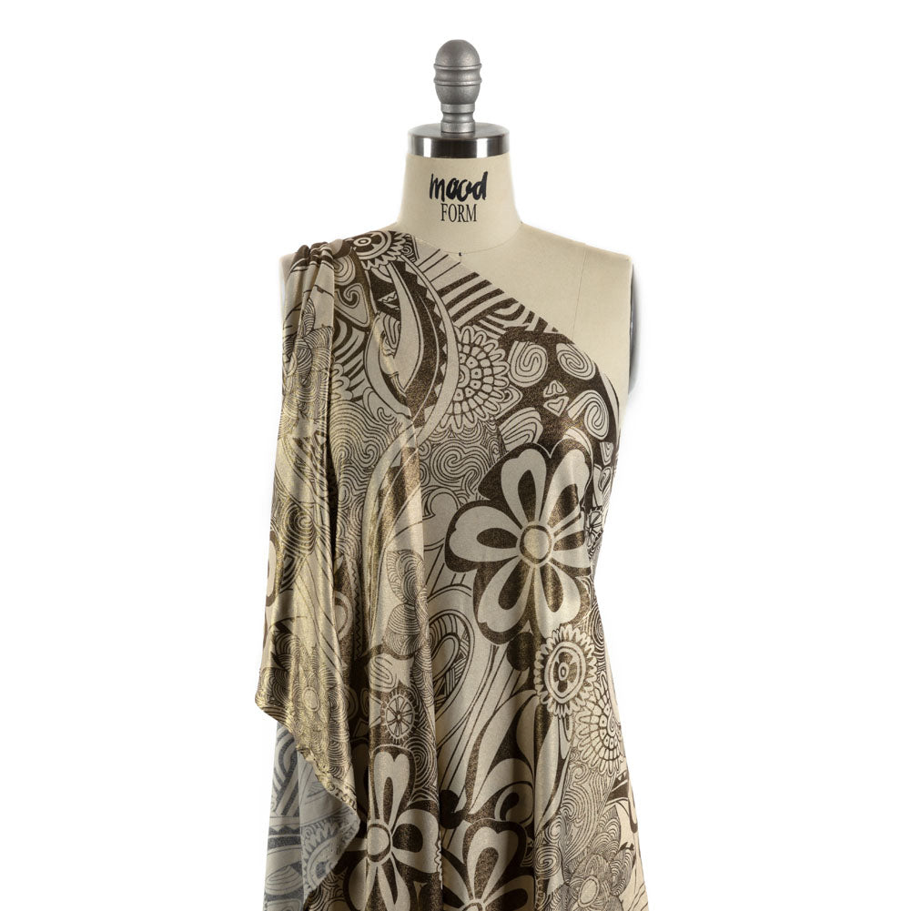 Black and Ivory Retro Floral SIlk Jersey with Gold Foil - Joann Fabrics