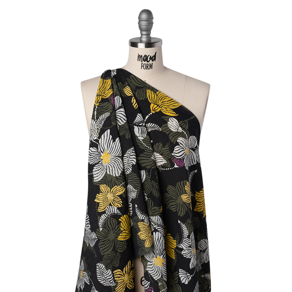 Crinkled Viscose and Nylon Woven - Olive, Yellow and Purple Floral - Designer Deadstock - Joann Fabrics