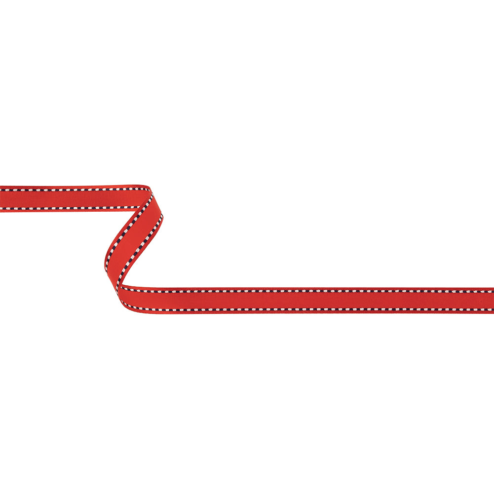 Red Woven Ribbon with Navy and White Stitched Border - 0.375