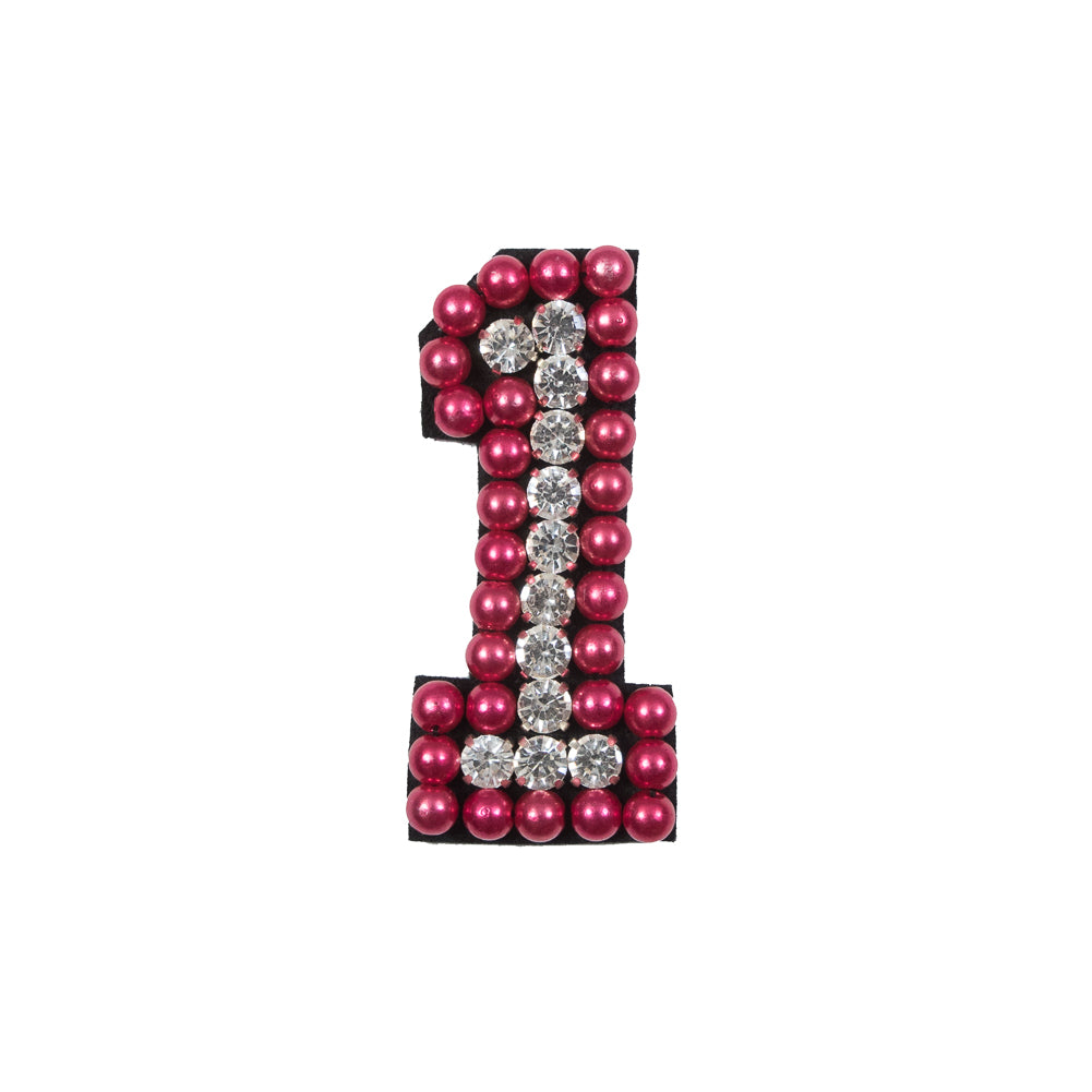 Italian Number 1 Patch with Pink Pearls and Rhinestones- 2.75