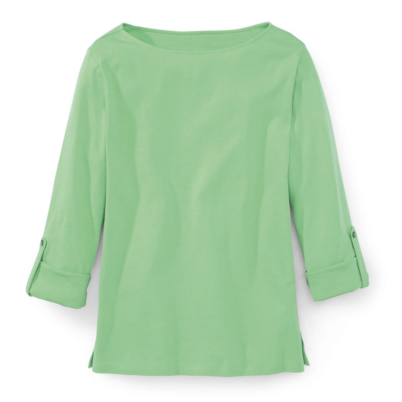 Bateau-Neck Cotton Button-Tab Top, Long Roll-Tab Sleeves, Side Slits - Northstyle Catalog