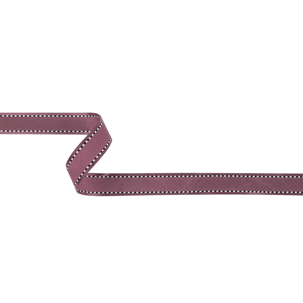 Purple Woven Ribbon with Navy and White Stitched Border - 0.625