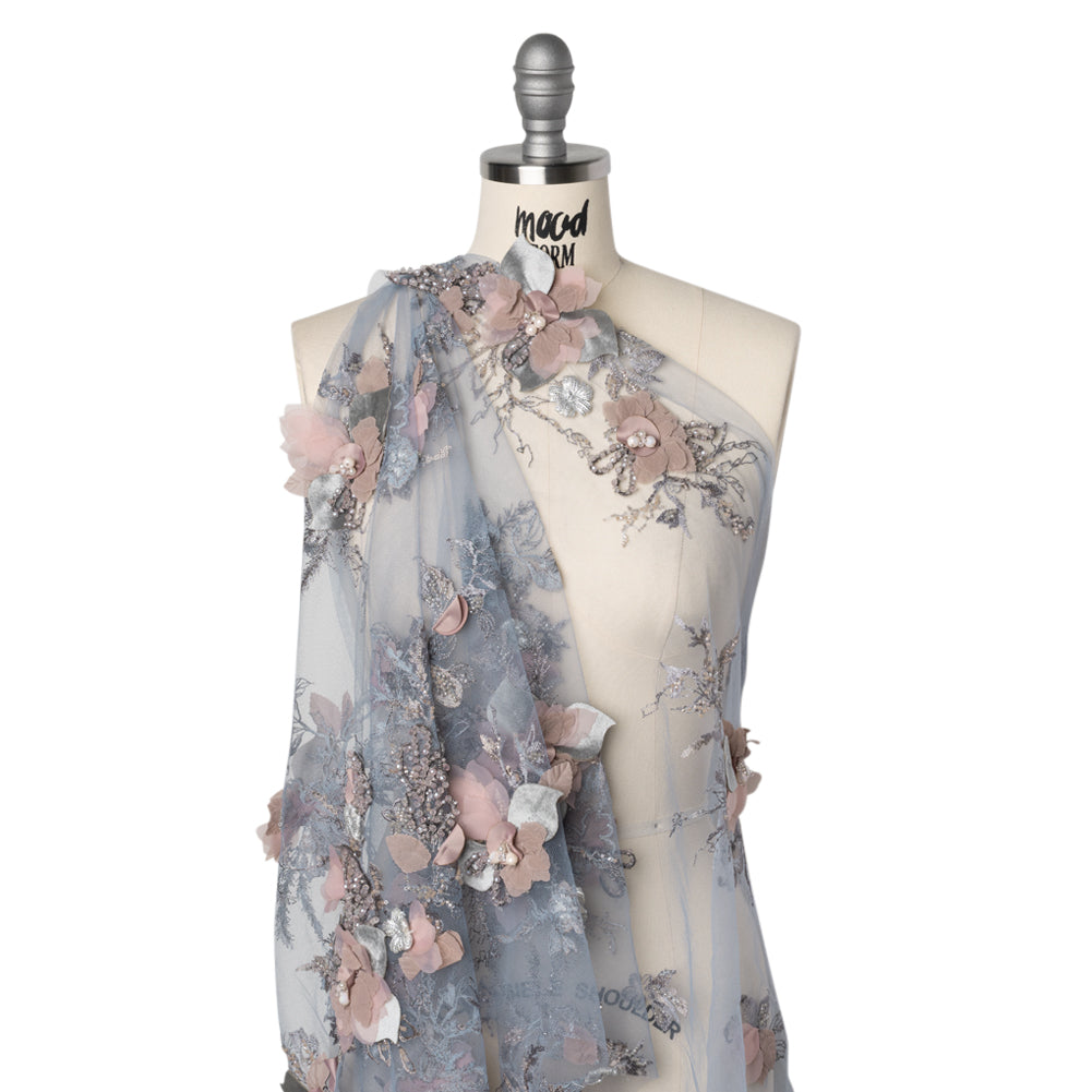 Embroidered and Beaded Bridal Tulle with 3D Velvet and Chiffon Fabric Flowers - Blue and Mauve Elegant Floral Arrangements - Joann Fabrics