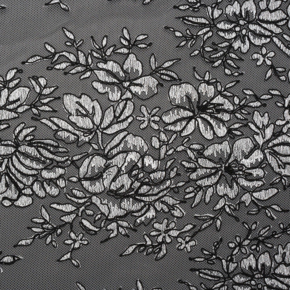 Corded Embroidered Tulle Lace with Scalloped Borders - Black and White Floral - Joann Fabrics