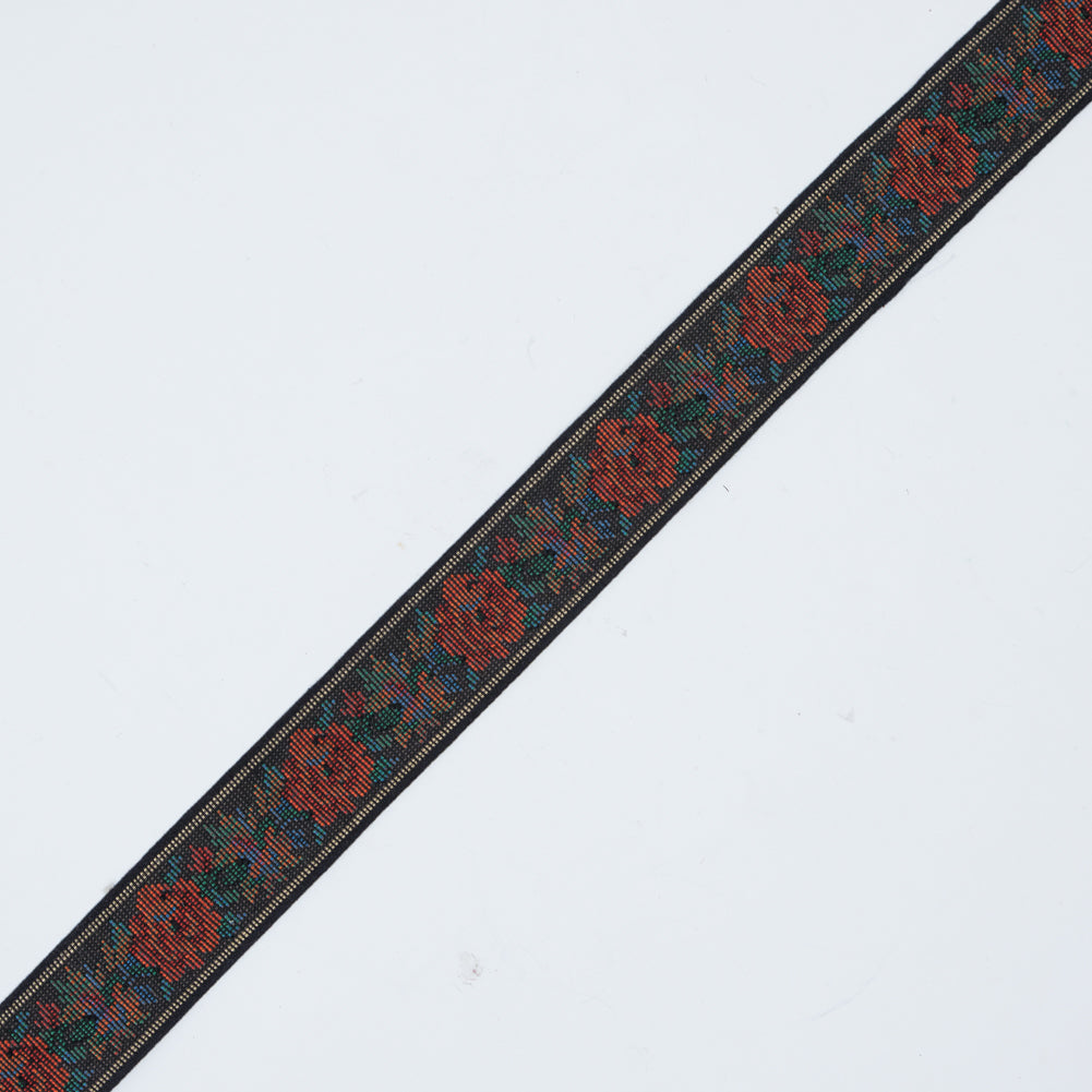 Orange and Black Floral Jacquard Ribbon - 1.125