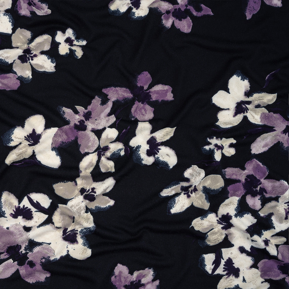 Navy, White and Purple Floral Stretch Polyester Sweater Knit - Joann Fabrics