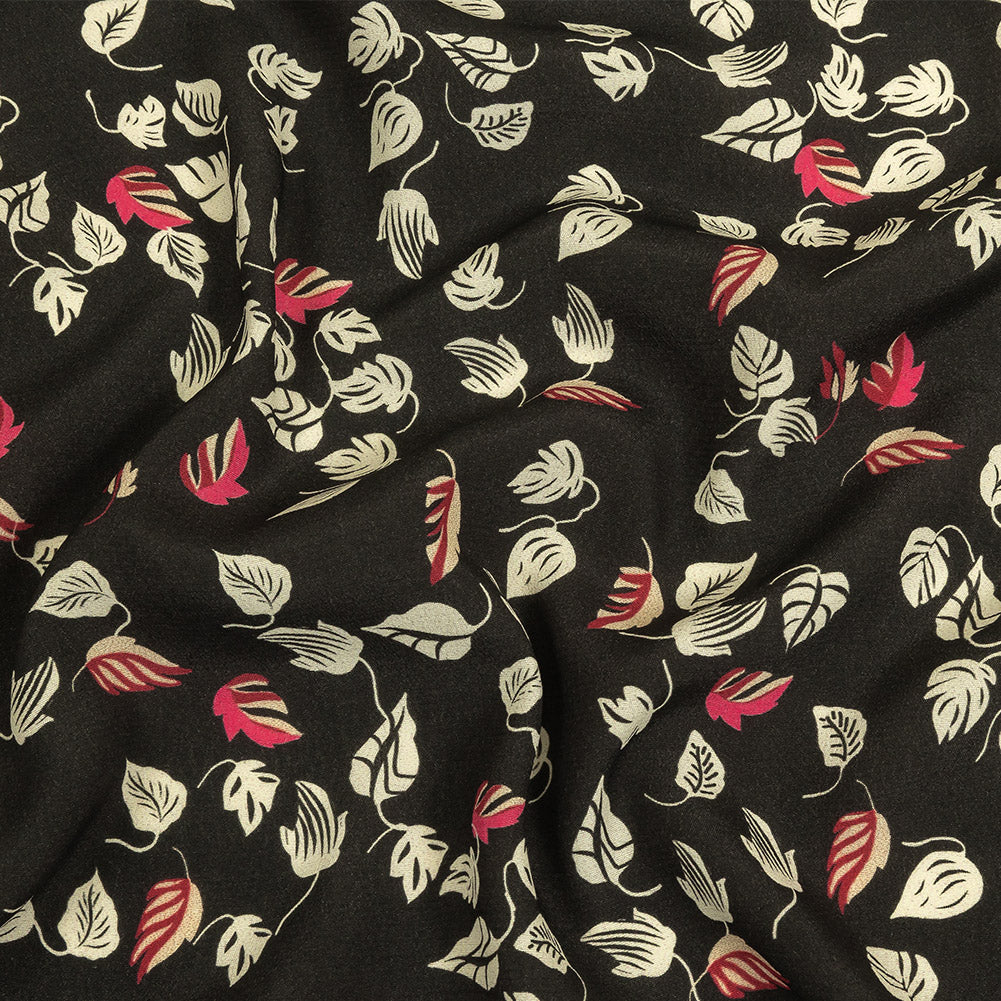 Viscose Crepe Print - Black, White and Pink Leaves - Mood Exclusive Lingering Leaves - Joann Fabrics