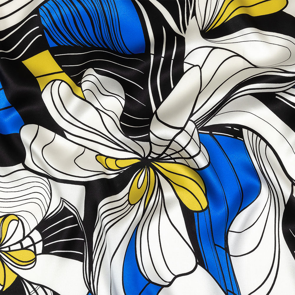 Mood Exclusive Italian Blue, Black and Yellow Art Nouveau Flowers Border Print Silk Charmeuse - Joann Fabrics