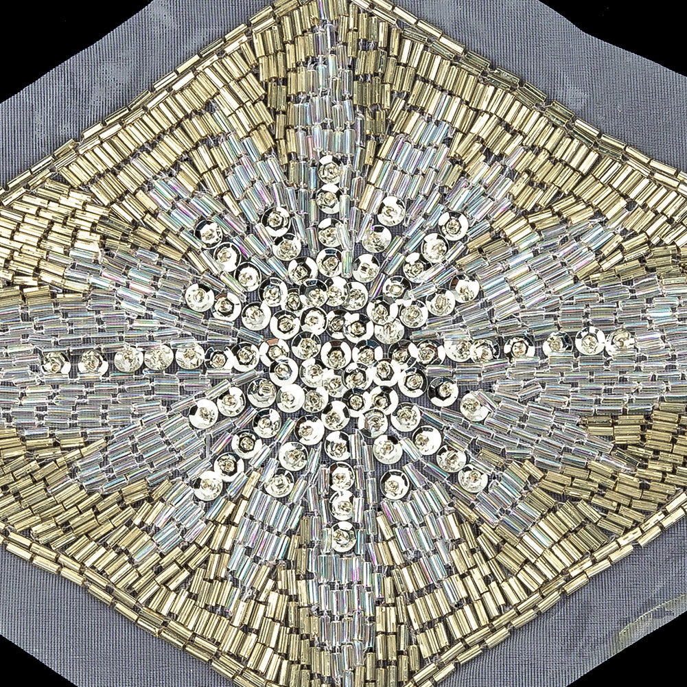 Vintage Silver Sequins, Crystal Iris and Silver-lined Beaded Diamond Applique - 8.25