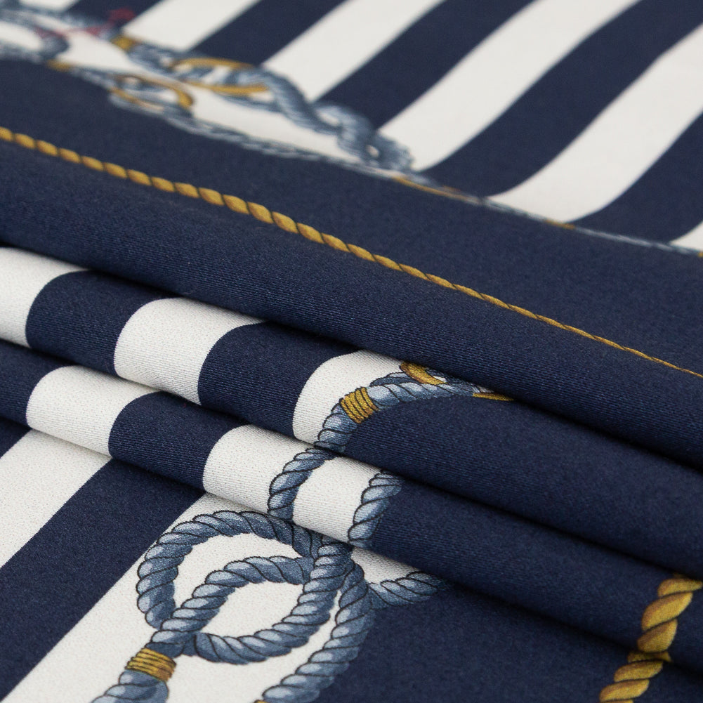 Stretch Cotton Sateen Panel - Navy and Gold Stripes and Ropes - Lighthouse Adventures Print - Mood Exclusive St. Tropez Collection - Joann Fabrics