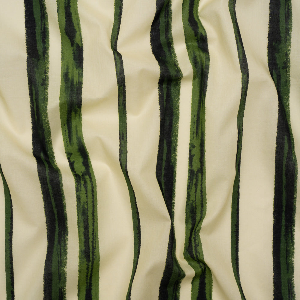 Cotton Voile - Cream and Green Painted Stripes - Verdant Trail Print - Mood Exclusive Acadia Collection - Joann Fabrics