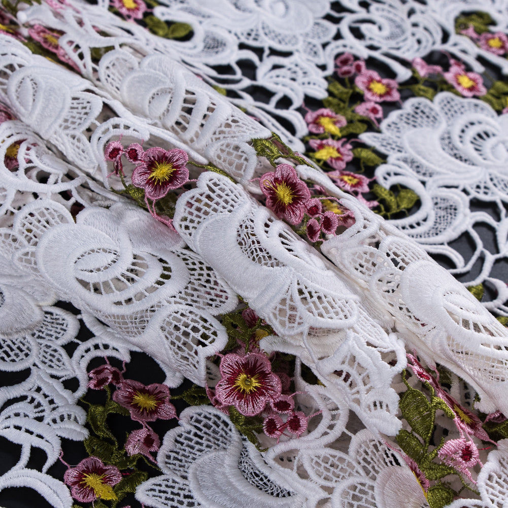 Embroidered Guipure Lace - White and Pink Floral - Joann Fabrics