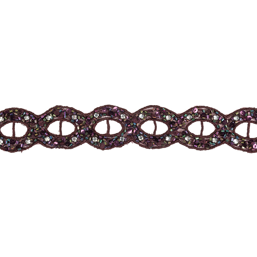 Blackberry Wine and Iridescent Rhinestones, Beads and Sequins Circles Embroidered Mesh Trim - 1.5