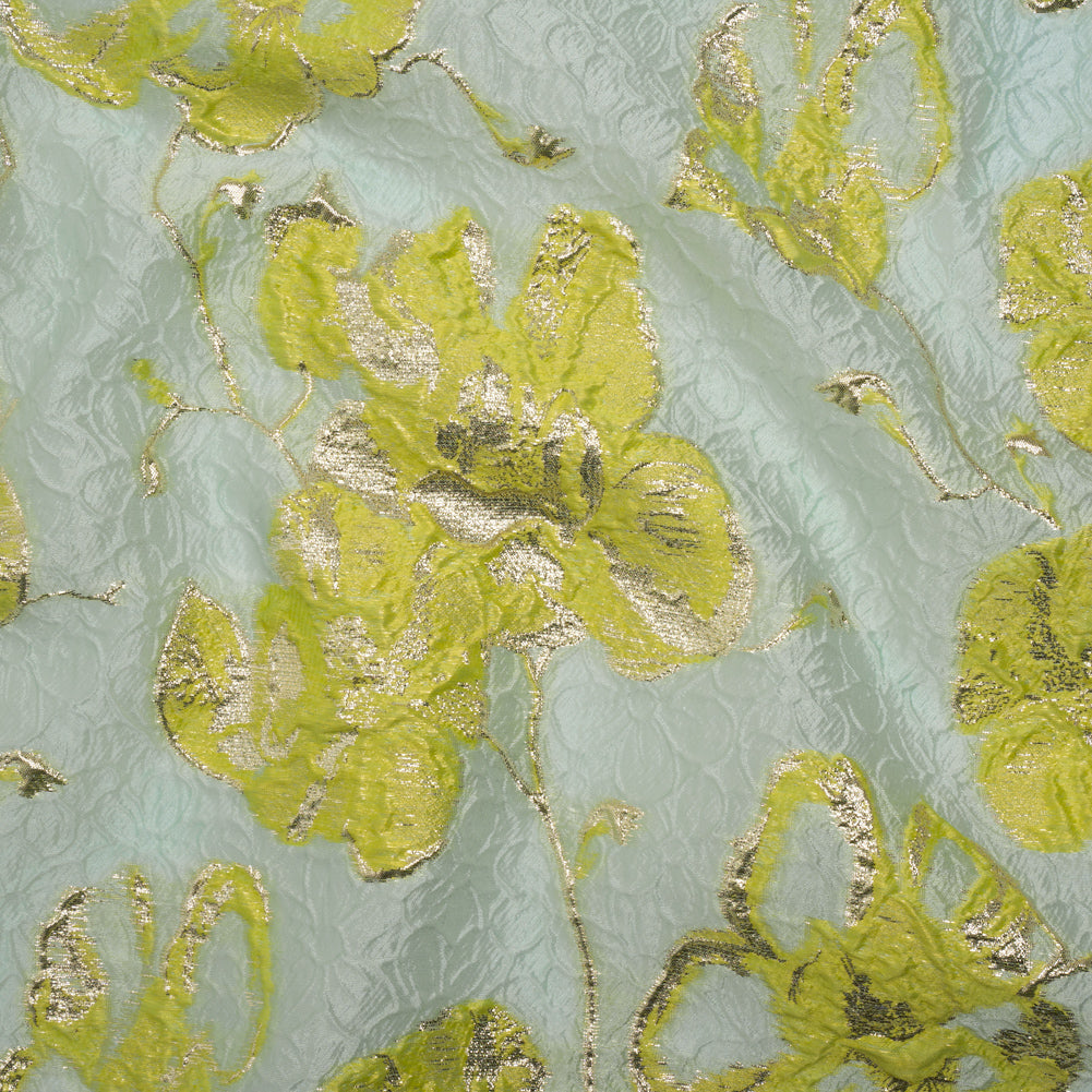 Metallic Brocade - Aqua Blue, Lime Green and Gold Flowers on Flowers - Joann Fabrics