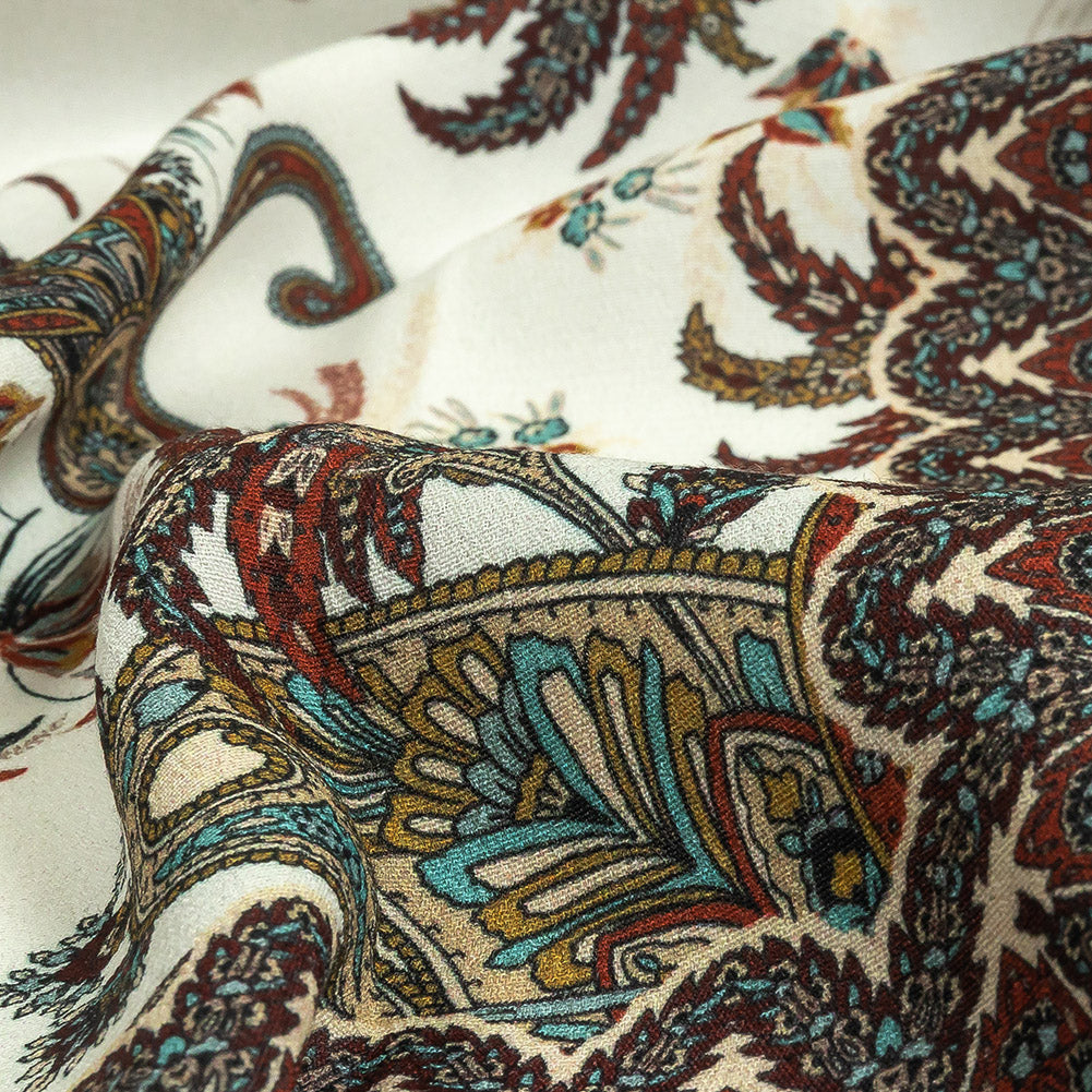 Sustainable Viscose Crepe Panel - Teal and Burgundy Paisley Decorative Squares - Mood Exclusive Destination Dubai - Joann Fabrics