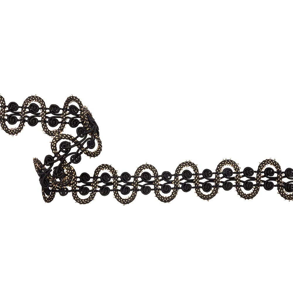 Famous NYC Designer Black and Metallic Gold Waves and Swirls Gimp Braided Trim - 1.25