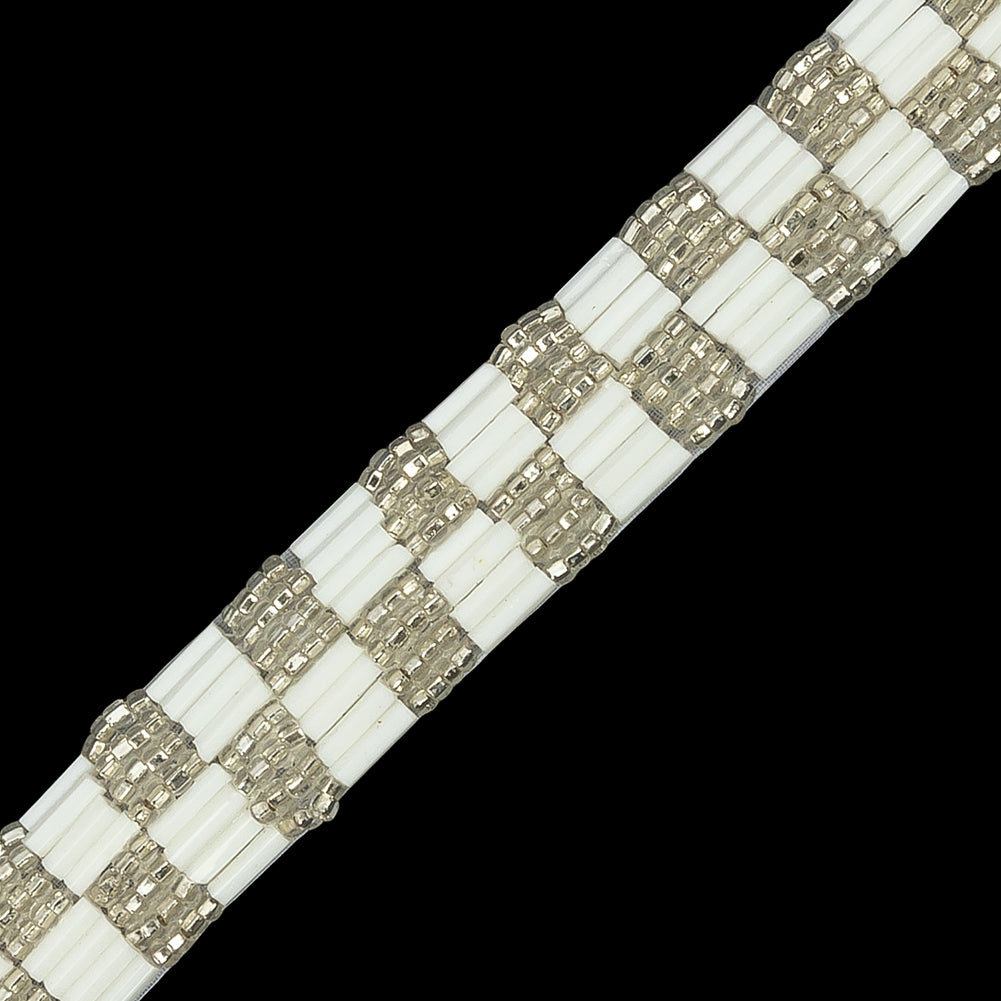 Vintage White and Silver Two Row Checkerboard Beaded Trim - 0.625