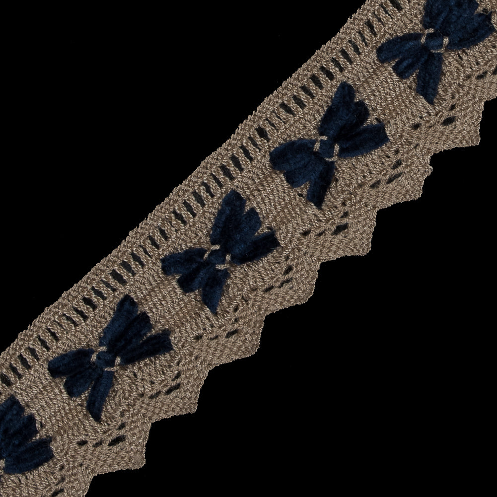 Beige and Navy Crochet Chenille Trim - 1.5
