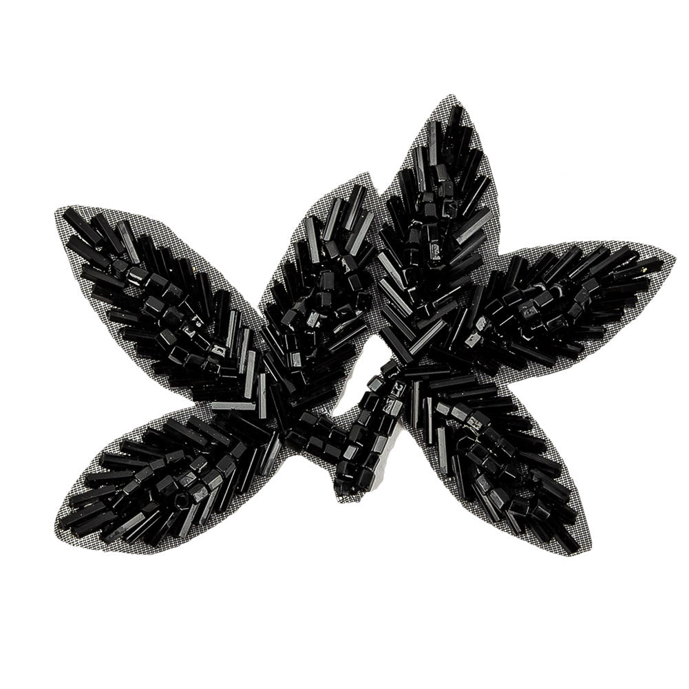 Vintage Black Bugle and Seed Beaded Foliage Applique - 2.25