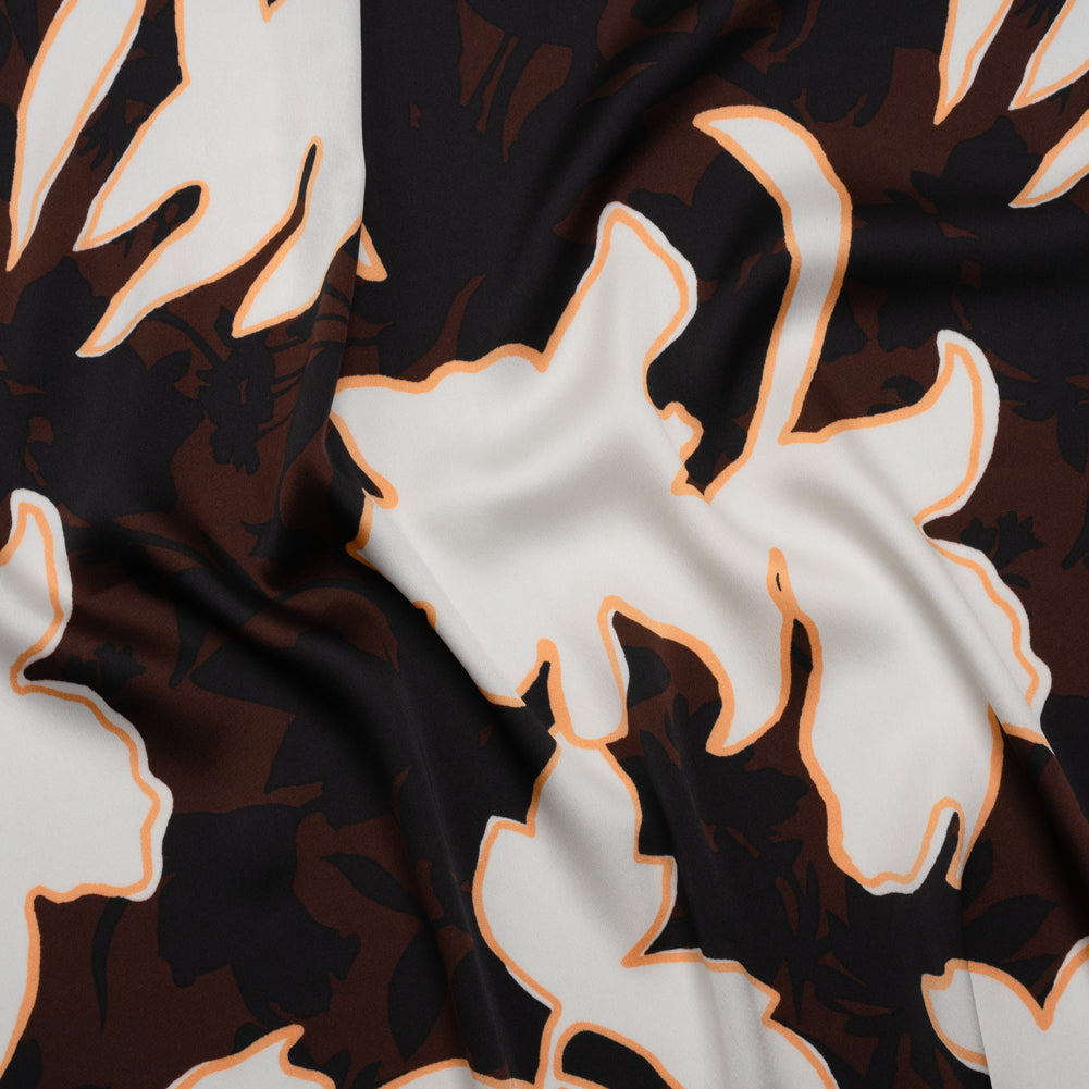 Polyester Charmeuse - Brown, Black and Creamsicle Orange Floral Silhouettes and Outlines - Designer Deadstock - Joann Fabrics