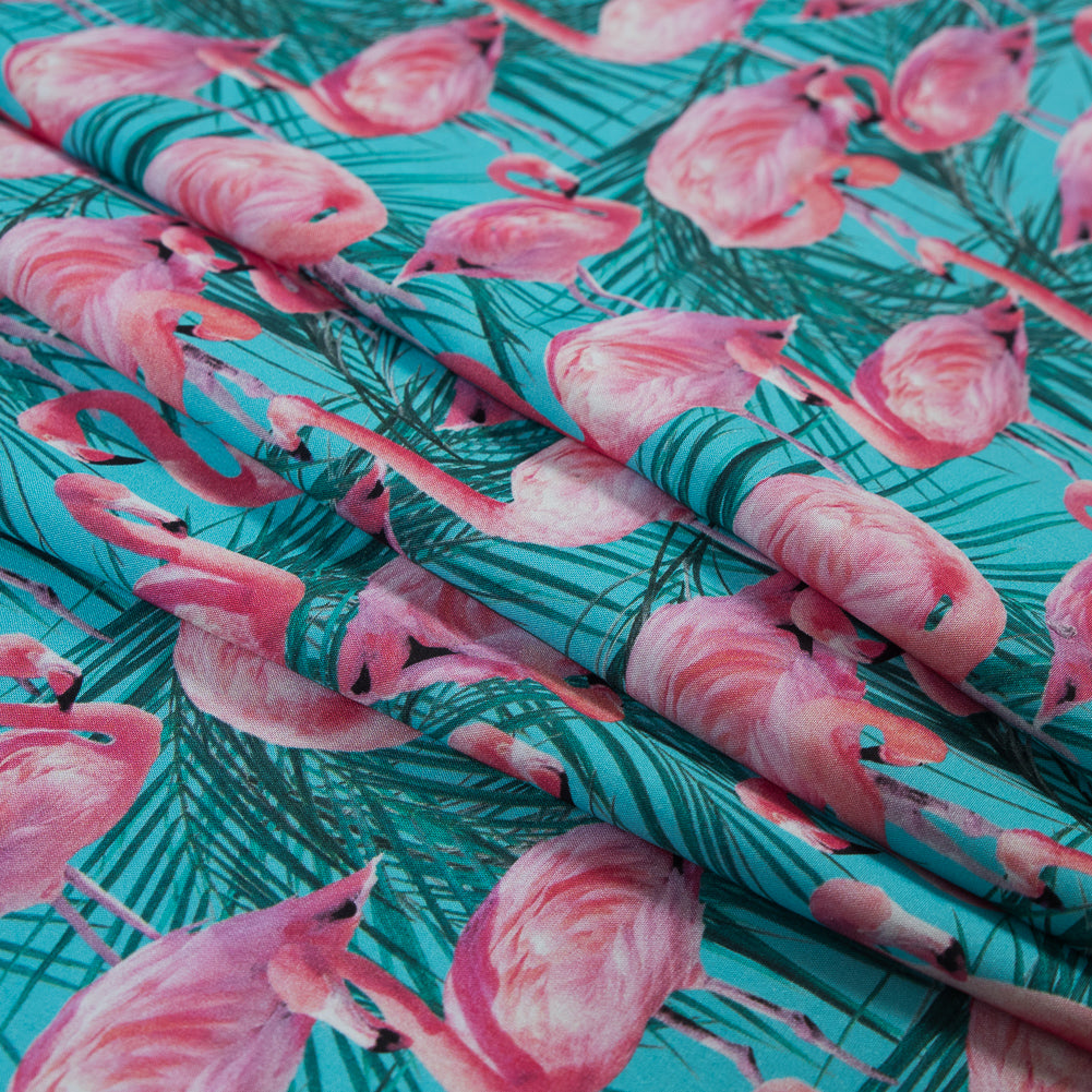 Organic Viscose Batiste - Pink and Blue Flamingos and Palm Leaves - Joann Fabrics