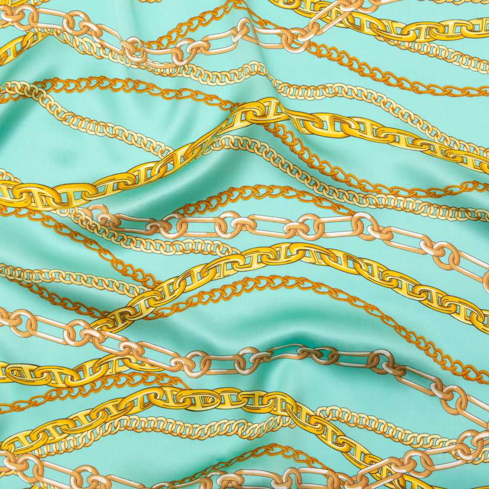 Mood Exclusive Italian Teal and Gold Chains Digitally Printed Silk Charmeuse - Joann Fabrics