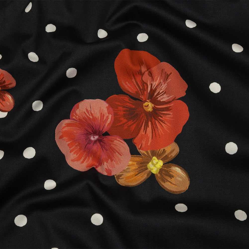 Stretch Cotton Sateen - Black Floral and Polka Dots - Treasures Renewed Print - Mood Exclusive Rockland Collection - Joann Fabrics