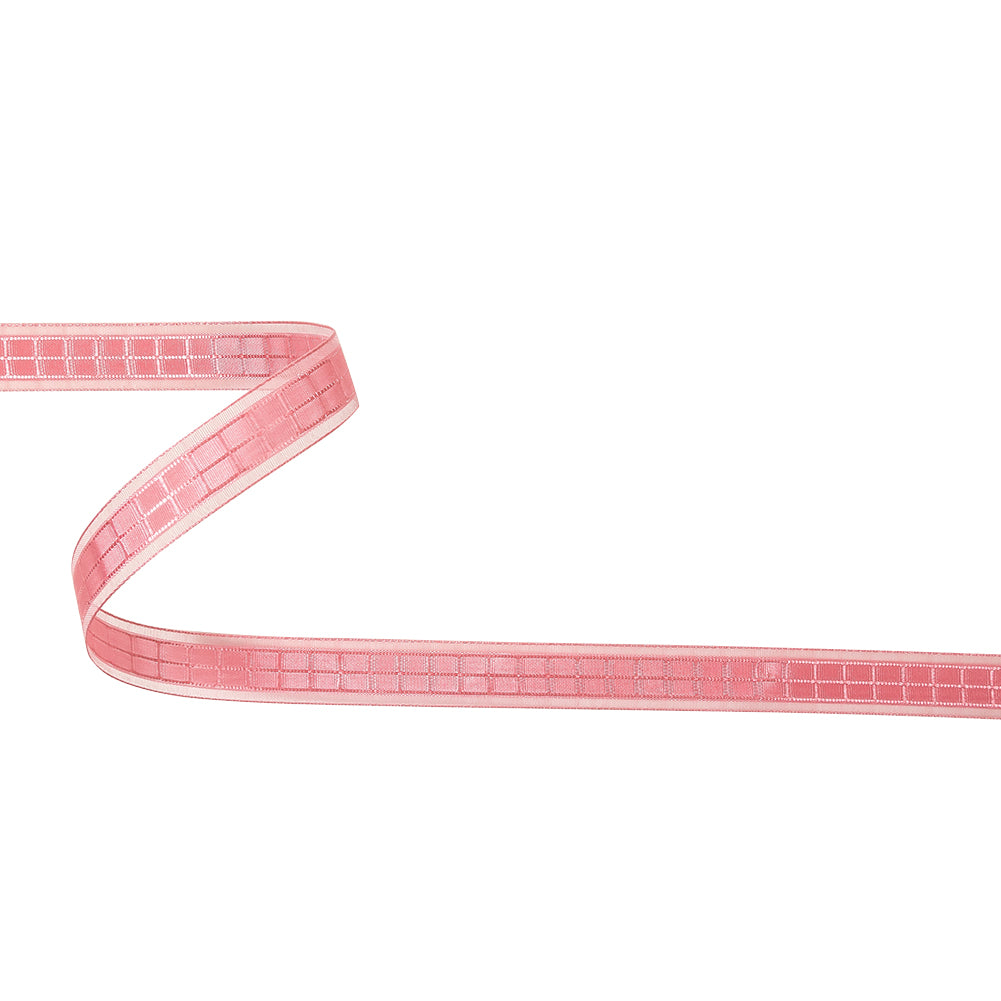 Bubblegum Pink Windowpane Checks and Sheer Borders Woven Ribbon - 0.625