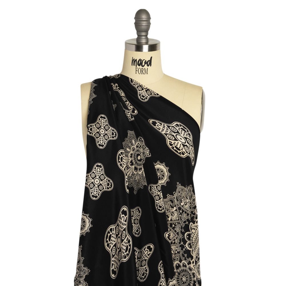 Black and Cream Eye Medallions Border Print Silk Crepe de Chine - Joann Fabrics