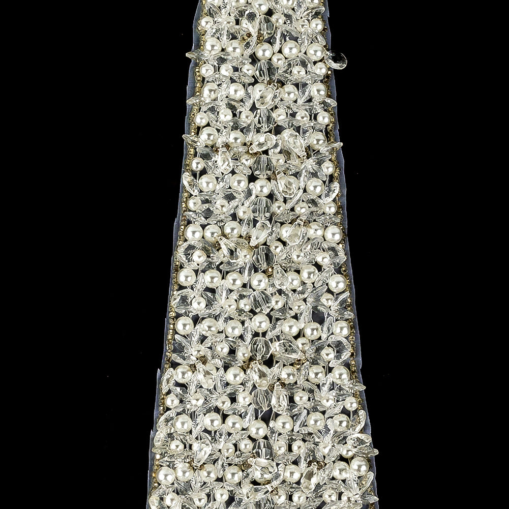 Vintage Fancy Teardrop Crystal, Pearl and Silver-Lined Beaded Tie Applique - 14.5