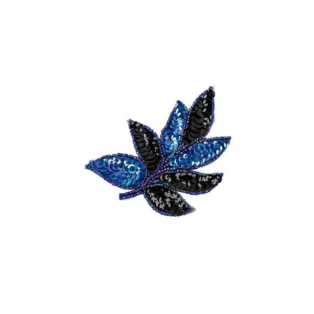 Vintage Royal Blue and Black Sequins and Royal Blue Iris-lined Beaded Leaf Applique - 4