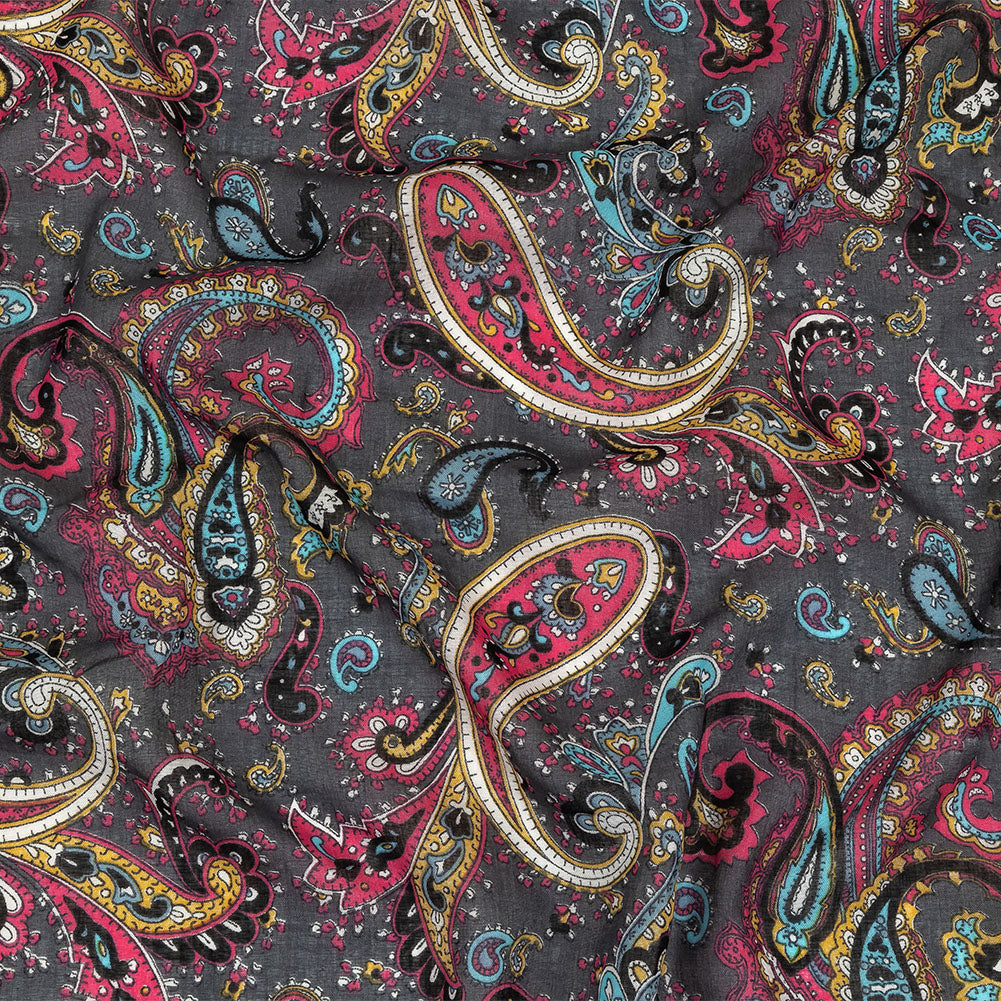 Gauzy Cotton Voile - Charcoal, Hot Pink and Gold Paisley - Deadstock - Joann Fabrics