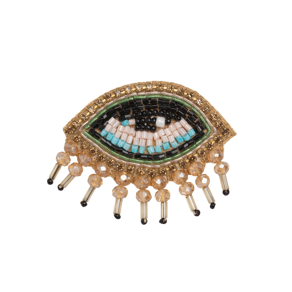 Gold, Green and Aqua Glam Eye with Lashes Glass Beaded Applique - 1.5