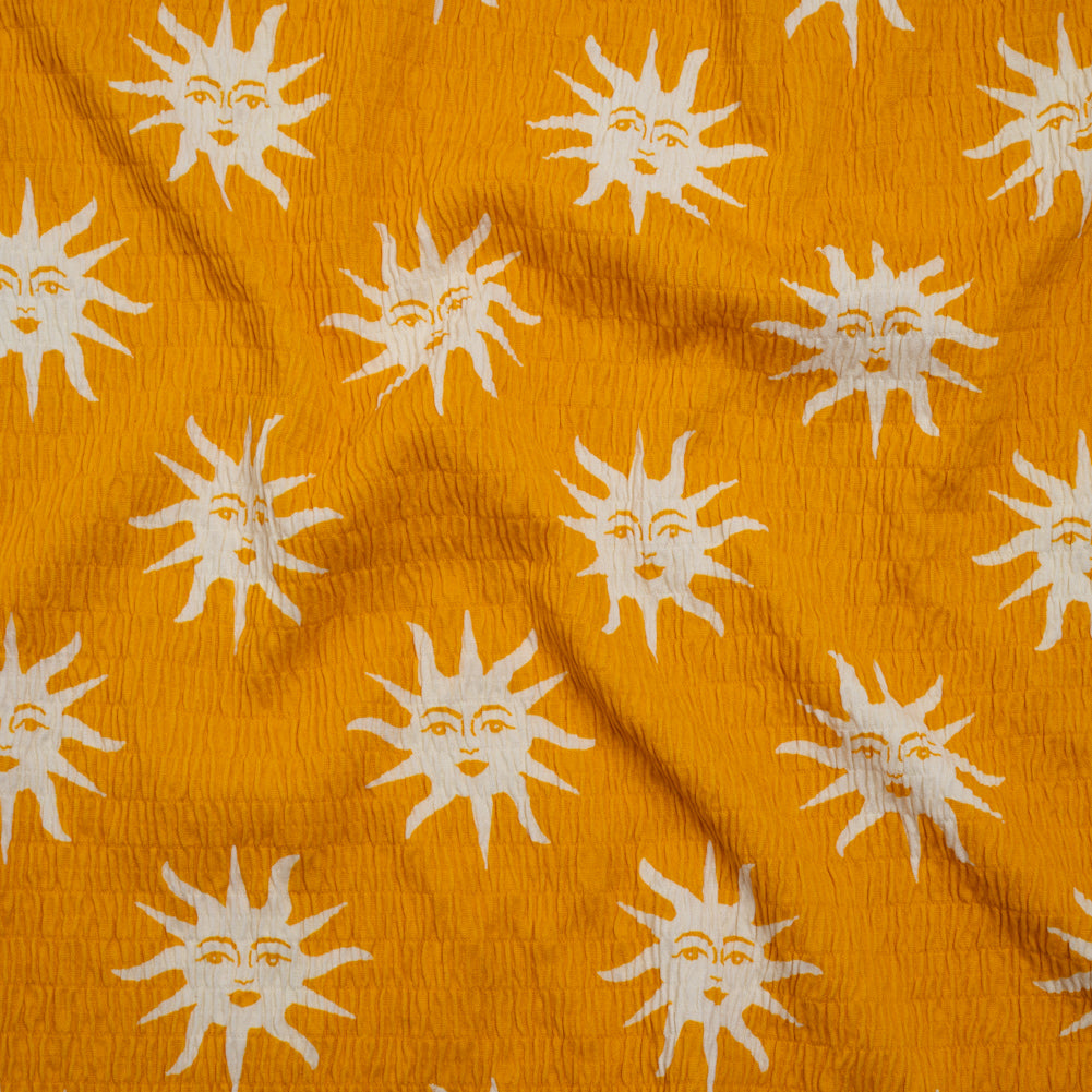 Stretch Ruched Nylon Jersey - Marigold Yellow and White Suns with Faces - Designer Deadstock - Joann Fabrics