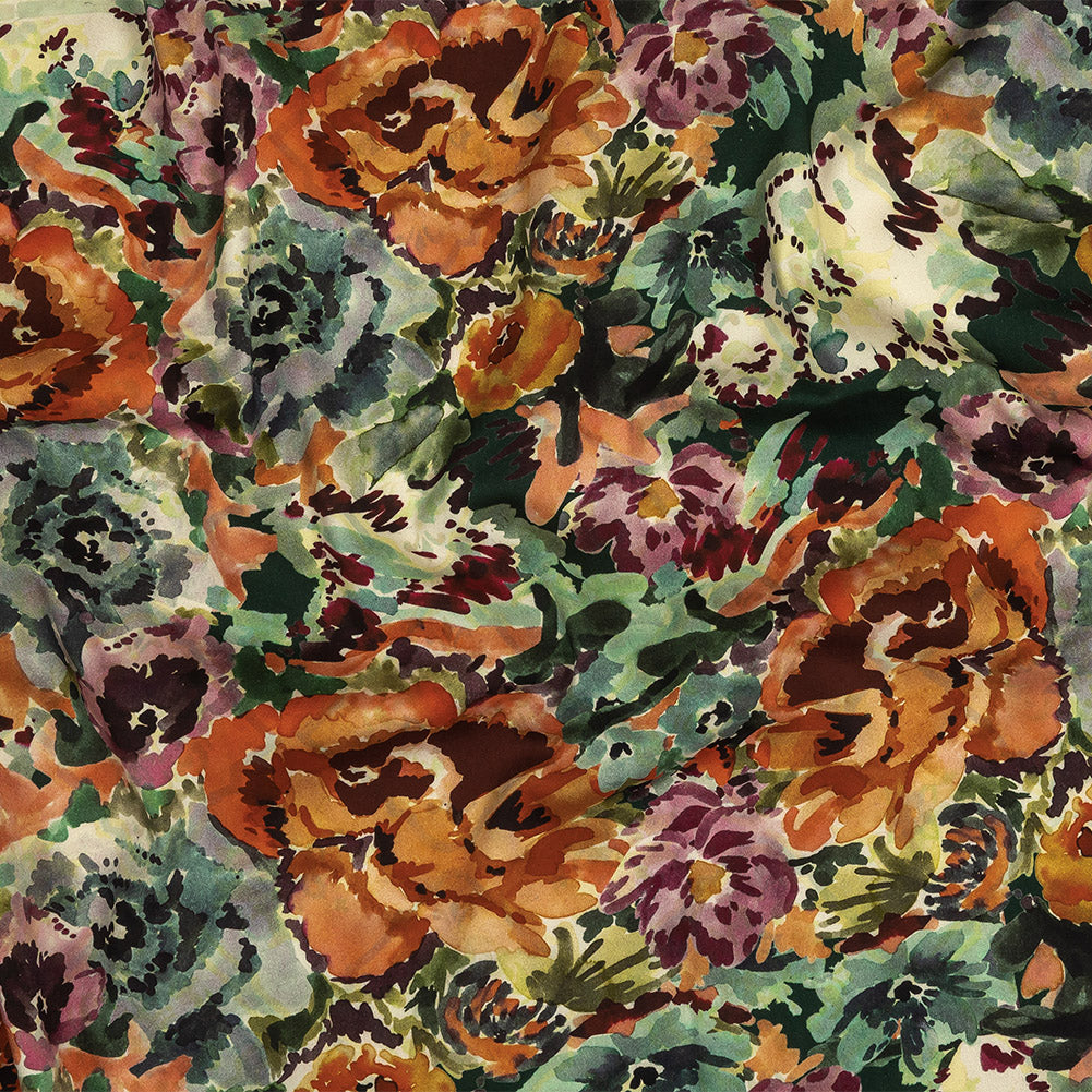 Stretch Cotton and Viscose Sateen Print - Green, Orange and Purple Painterly Floral - Mood Exclusive Cluttered Canvas - Joann Fabrics
