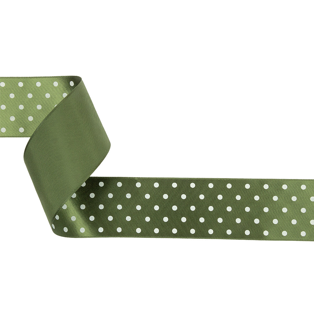 Moss and White Polka Dot Satin Ribbon - 1.5