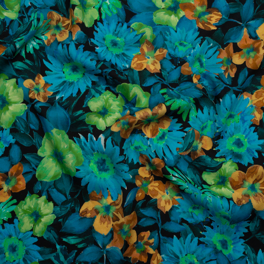 Rayon Challis - Blue, Green and Gold Painted Flowers - Mood Exclusive Watercolor Wonderland Print - Joann Fabrics