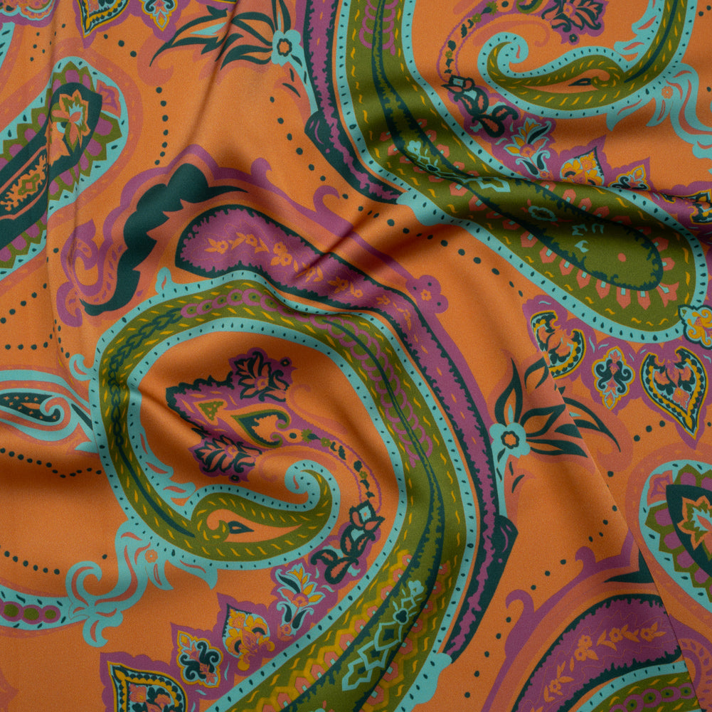 Polyester Satin - Pumpkin Orange, Jade Green and Purple Paisley - Mood Exclusive Swirling Sonata Print - Joann Fabrics