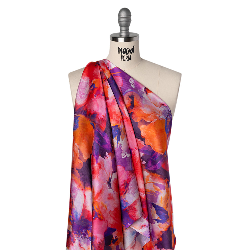 Silk Charmeuse Print 16MM, Made in Italy - Purple, Crimson and Orange Watercolor Flowers - Joann Fabrics