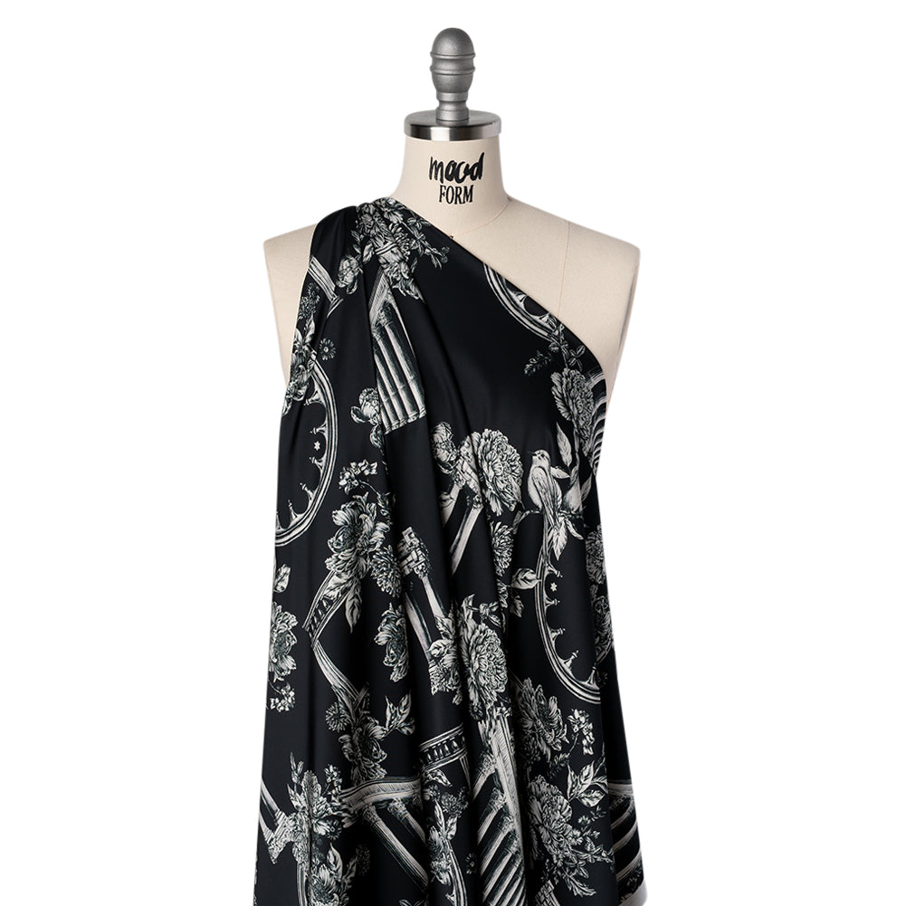 Polyester Satin - White on Black Flowers and Columns - Mood Exclusive Petal Pillars Print - Joann Fabrics